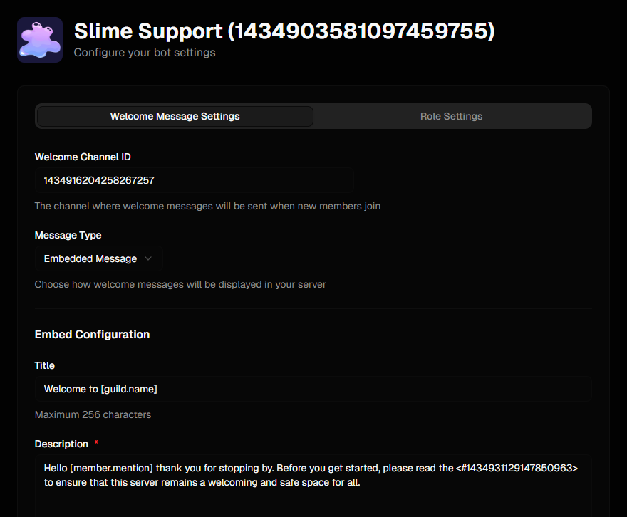 Welcome message configuration interface